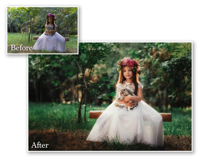 May include: A young girl in a white dress and floral crown sits on a wooden bench, holding a gray rabbit. The image is set in a lush green outdoor environment, with a 'Before' and 'After' comparison in the top left and bottom left corners.