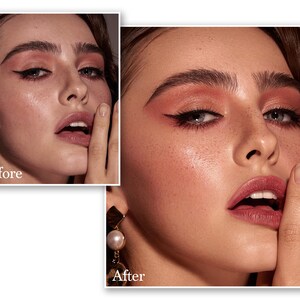 May include: A close-up of a woman's face with makeup. The image shows a before and after comparison. The after image has pink eyeshadow, black eyeliner, and red lipstick. The text "After" is in the bottom right corner.