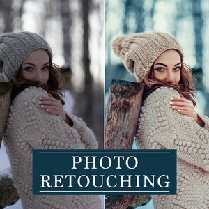 May include: A woman wearing a light gray knit hat with a pom-pom and a cream-colored sweater with a textured pattern. The image has the text "PHOTO RETOUCHING" in a white font on a dark blue background.