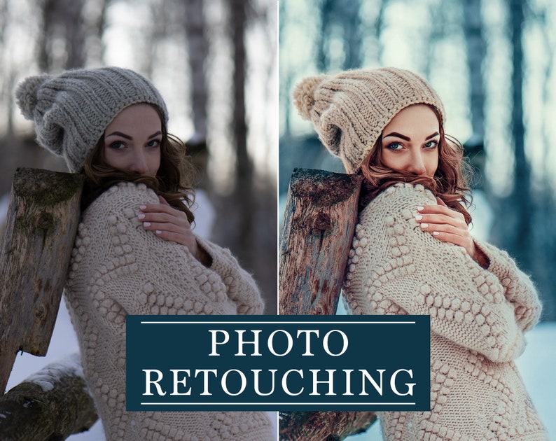 May include: A woman wearing a light gray knit hat with a pom-pom and a cream-colored sweater with a textured pattern. The image has the text "PHOTO RETOUCHING" in a white font on a dark blue background.