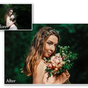 May include: A woman with long, wavy hair holds a bouquet of pink and white flowers. She wears a light pink dress and a floral hairpiece. The background is a blurred, dark green forest. The image is labeled "After" and "Before".