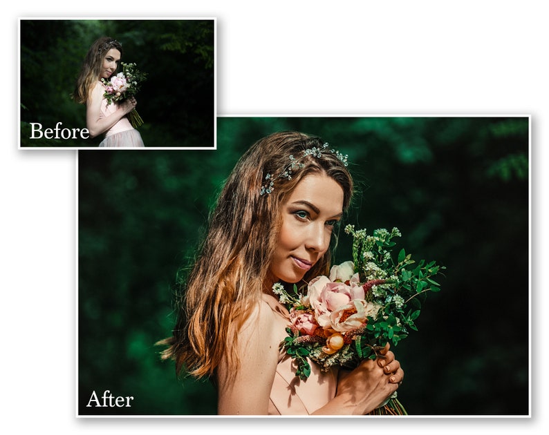 May include: A woman with long, wavy hair holds a bouquet of pink and white flowers. She wears a light pink dress and a floral hairpiece. The background is a blurred, dark green forest. The image is labeled "After" and "Before".