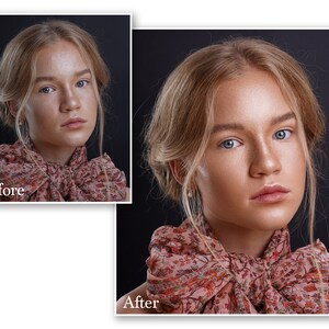 May include: A portrait of a person with fair skin, blue eyes, and blonde hair styled in an updo. They are wearing a pink scarf with a floral pattern. The image is set against a dark background, with the text "Before" and "After".