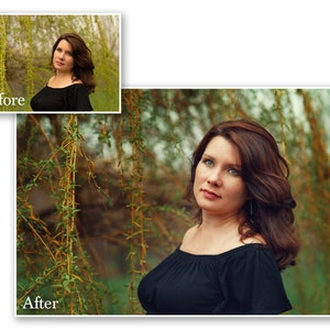 May include: A woman with brown hair and a black off-the-shoulder top. The image includes the text "Before" and "After" in white, indicating a comparison. The background features green and yellow foliage.