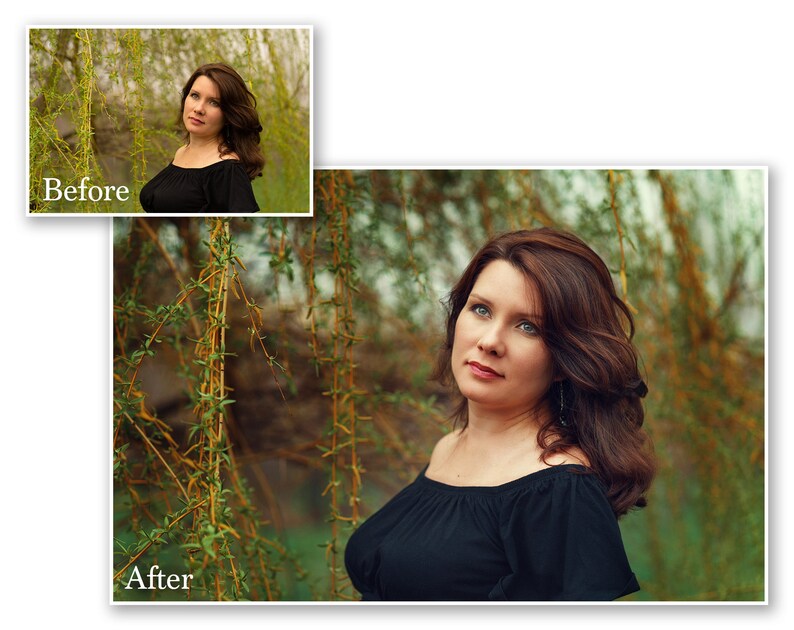 May include: A woman with brown hair and a black off-the-shoulder top. The image includes the text "Before" and "After" in white, indicating a comparison. The background features green and yellow foliage.