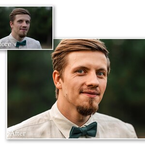 May include: A portrait of a man wearing a light-colored shirt and a teal bow tie. The image includes a smaller inset image labeled "Before" and the word "After" at the bottom, indicating a before-and-after photo. The background is a blurred green.