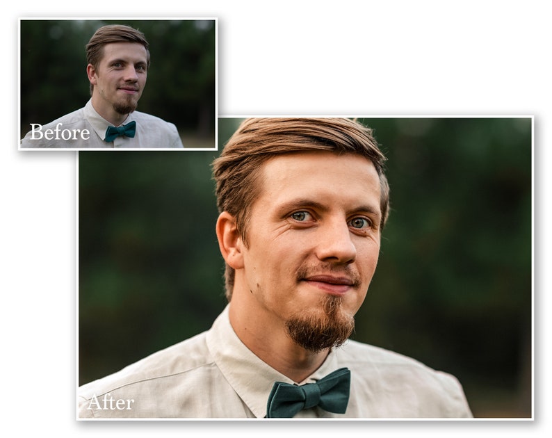 May include: A portrait of a man wearing a light-colored shirt and a teal bow tie. The image includes a smaller inset image labeled "Before" and the word "After" at the bottom, indicating a before-and-after photo. The background is a blurred green.