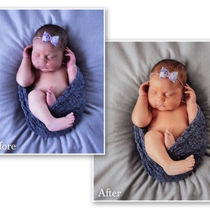 May include: A newborn baby swaddled in a dark blue lace wrap, wearing a matching headband with a bow. The baby is lying on a gray surface. The image shows a "Before" and "After" comparison of the photo.