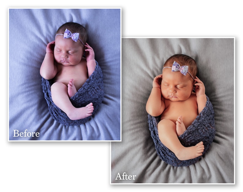 May include: A newborn baby swaddled in a dark blue lace wrap, wearing a matching headband with a bow. The baby is lying on a gray surface. The image shows a "Before" and "After" comparison of the photo.