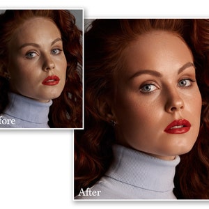 May include: A side-by-side comparison of a woman's face, labeled "Before" and "After." The "Before" image shows a woman with fair skin, red hair, and a light blue turtleneck. The "After" image shows the same woman with enhanced makeup, including red lipstick.