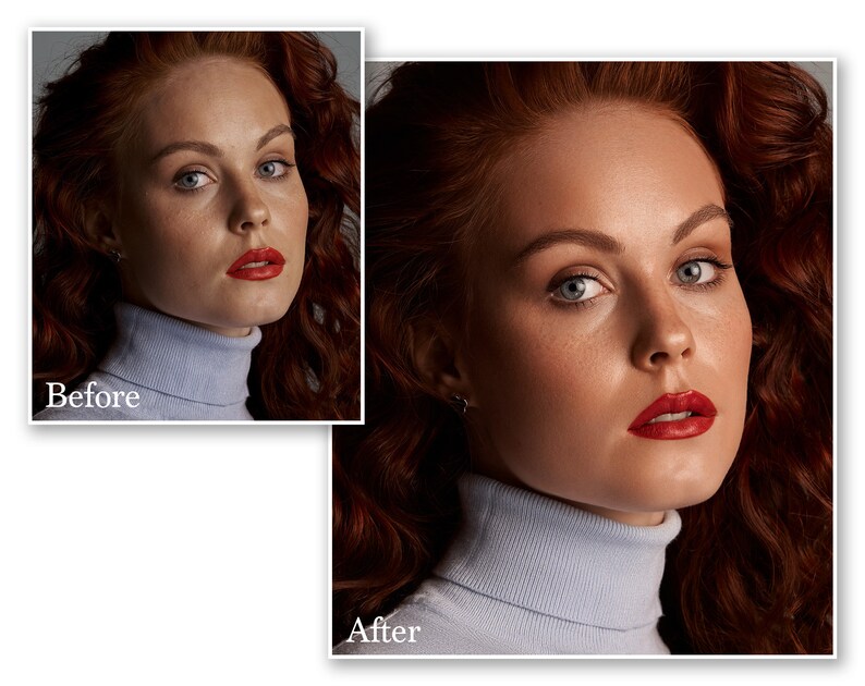 May include: A side-by-side comparison of a woman's face, labeled "Before" and "After." The "Before" image shows a woman with fair skin, red hair, and a light blue turtleneck. The "After" image shows the same woman with enhanced makeup, including red lipstick.