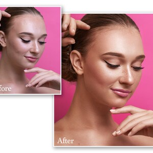 May include: A side-by-side comparison of a person's face, labeled "Before" and "After." The "Before" image shows skin imperfections, while the "After" image displays a smoother complexion with makeup. The background is a vibrant pink.