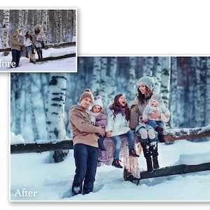 May include: A family portrait taken in a snowy forest setting. The image shows a family of five, with the parents and three children, posing on a wooden fence. The family is wearing winter clothing, including hats, coats, and scarves.