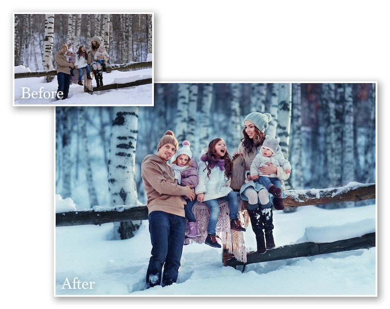 May include: A family portrait taken in a snowy forest setting. The image shows a family of five, with the parents and three children, posing on a wooden fence. The family is wearing winter clothing, including hats, coats, and scarves.
