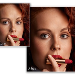 May include: A close-up of a woman with red hair and fair skin holding a red lipstick in her mouth. The lipstick is in a gold tube. The image has the text "Before" and "After" in the corners.