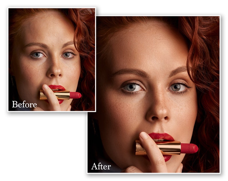 May include: A close-up of a woman with red hair and fair skin holding a red lipstick in her mouth. The lipstick is in a gold tube. The image has the text "Before" and "After" in the corners.