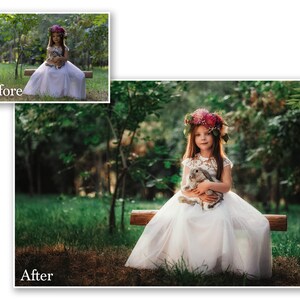 May include: A young girl in a white dress and floral crown sits on a wooden bench, holding a gray rabbit. The image is set in a lush green outdoor environment, with a 'Before' and 'After' comparison in the top left and bottom left corners.