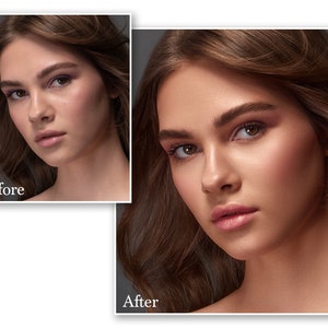 May include: A side-by-side comparison of a woman's face, labeled "Before" and "After." The "Before" image shows a woman with less makeup, while the "After" image displays a more enhanced look with makeup, including eye shadow and lipstick.