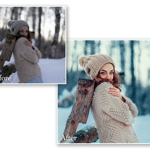 May include: A woman wearing a beige knit hat and sweater with a textured pattern, leaning against a wooden fence in a snowy outdoor setting. The image is labeled "After" and "Before" to show the image's editing.