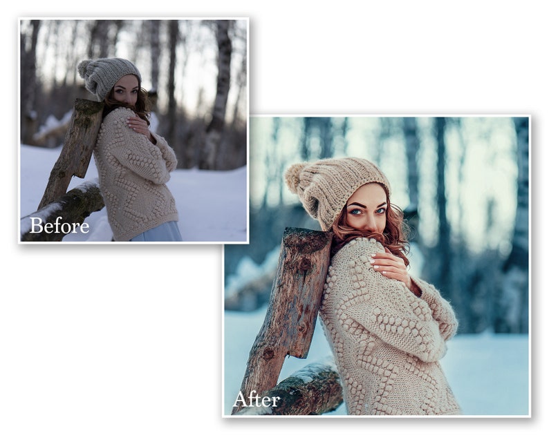 May include: A woman wearing a beige knit hat and sweater with a textured pattern, leaning against a wooden fence in a snowy outdoor setting. The image is labeled "After" and "Before" to show the image's editing.