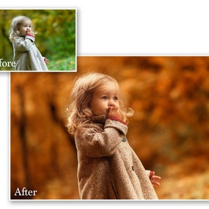 May include: A young child with blonde hair wearing a tan coat with a herringbone pattern. The child is looking up with their hand near their mouth. The background is a blurred mix of green and orange tones. The word "Before" is in white text in the upper left corner. The word "After" is in white text in the lower left corner.
