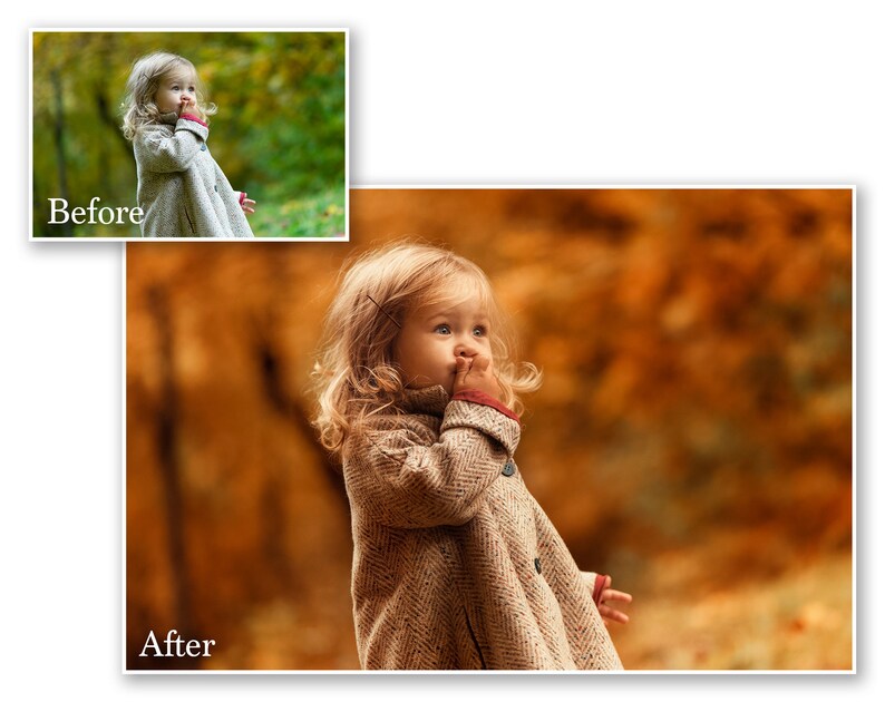 May include: A young child with blonde hair wearing a tan coat with a herringbone pattern. The child is looking up with their hand near their mouth. The background is a blurred mix of green and orange tones. The word "Before" is in white text in the upper left corner. The word "After" is in white text in the lower left corner.