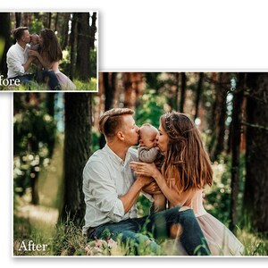 May include: A family portrait in a forest setting. A man and woman are kissing a baby. The woman wears a pink dress, and the man wears a white shirt and jeans. The image is labeled "After" and "Before".