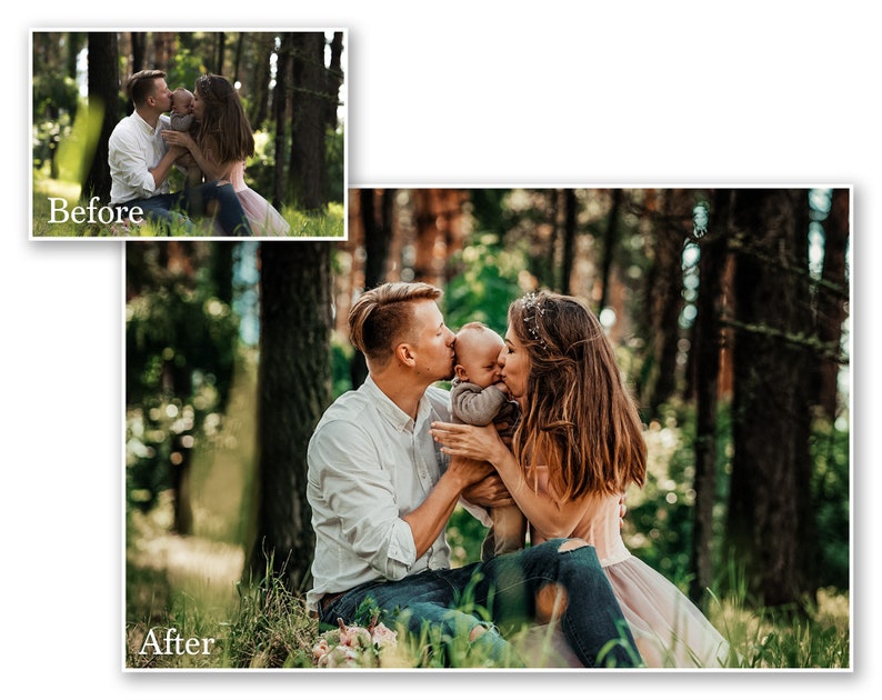 May include: A family portrait in a forest setting. A man and woman are kissing a baby. The woman wears a pink dress, and the man wears a white shirt and jeans. The image is labeled "After" and "Before".