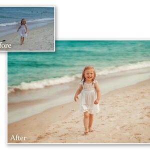 May include: A young child in a white dress walks on a sandy beach toward the viewer. The ocean is visible in the background, with the text "Before" and "After" in the upper left and lower left corners.