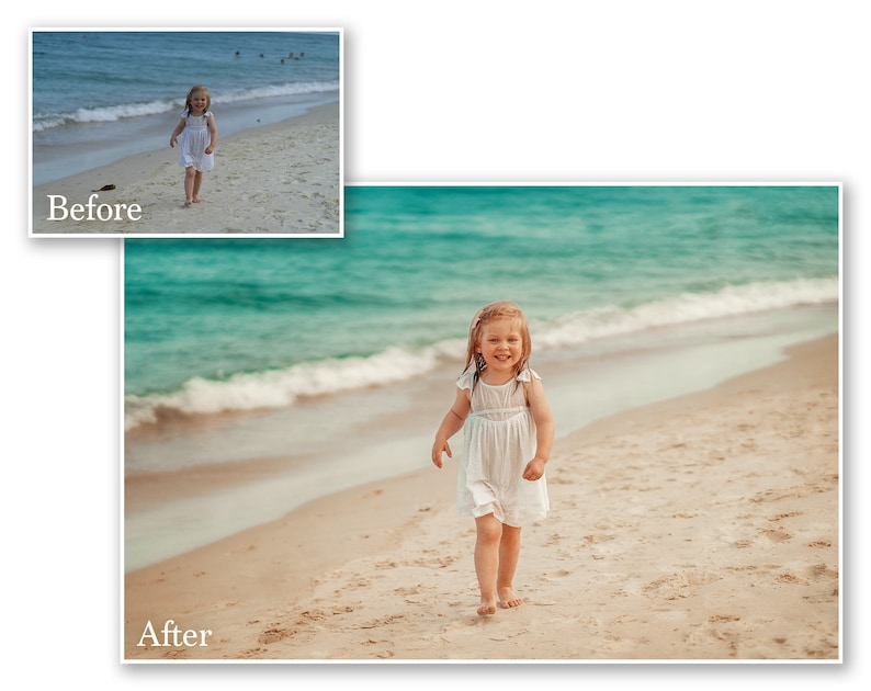 May include: A young child in a white dress walks on a sandy beach toward the viewer. The ocean is visible in the background, with the text "Before" and "After" in the upper left and lower left corners.