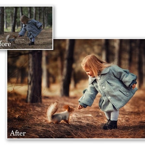May include: A young child in a gray coat interacts with a squirrel in a forest setting. The child, with blonde hair, is reaching out towards the squirrel. The image has a warm, autumnal color palette, with the text "Before" and "After" in the upper left and lower left corners.