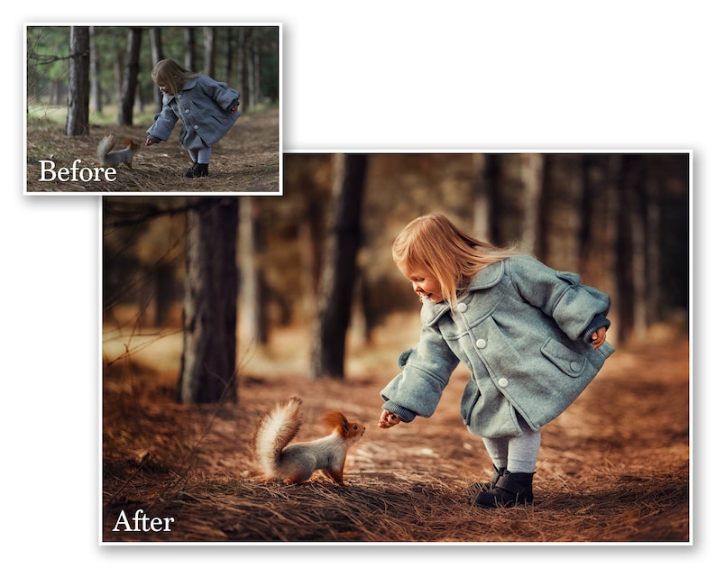 May include: A young child in a gray coat interacts with a squirrel in a forest setting. The child, with blonde hair, is reaching out towards the squirrel. The image has a warm, autumnal color palette, with the text "Before" and "After" in the upper left and lower left corners.