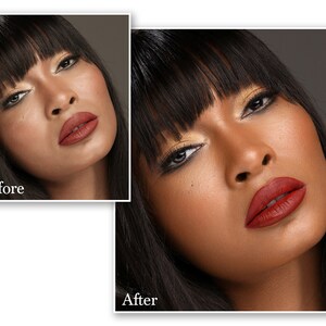 May include: A before-and-after image showcasing a makeup transformation. The "Before" image shows a person with minimal makeup. The "After" image displays a person with enhanced features, including bold red lipstick, gold eyeshadow, and contoured skin.