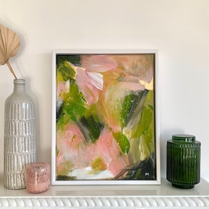 Green and Coral Abstract Acrylic Painting with Gold Leaf, 11x14 Canvas Art