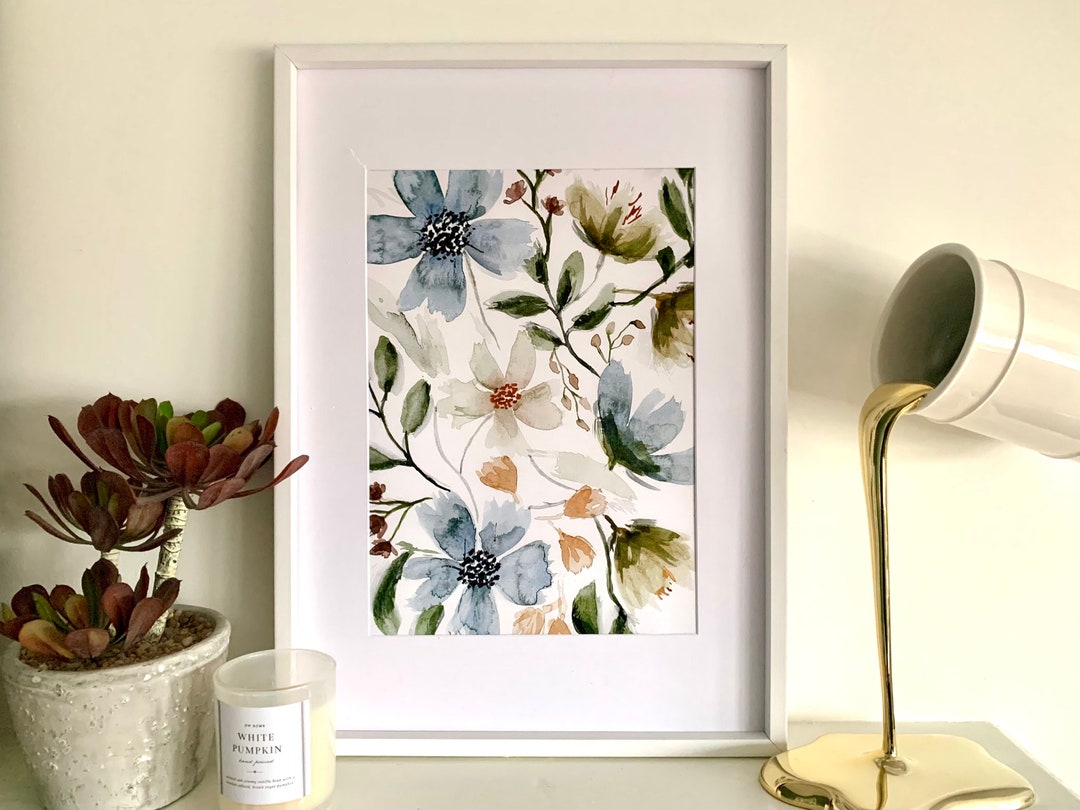 Watercolour Floral Art Print, Floral Art, Blue Floral Art, Affordable