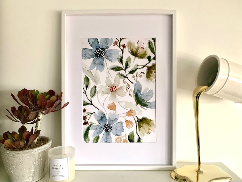 Watercolour Floral Art Print, Floral Art, Blue Floral Art, Affordable