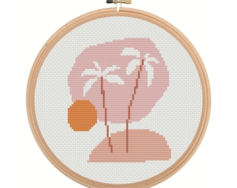 Wzór haftu krzyżykowego z tropikalną palmą, nowoczesny styl boho, plik PDF (do natychmiastowego pobrania)