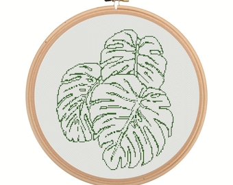 Wzór haftu krzyżykowego z liściem monstery | Haft konturowy z motywem botanicznym (pobierz plik PDF)