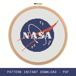 NASA モダン クロスステッチ パターン、宇宙ロゴにインスパイアされた、宇宙、星、宇宙飛行士、刺繍パターン、xstitch チャート、PDF の即時ダウンロード