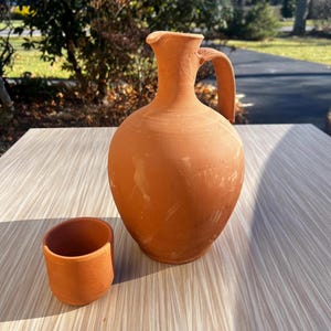 Earthenware Red Clay Pitcher With a Cup,  Pottery Terra cotta Jug, Unglazed Clay Crock Pitcher, Old Style Vase Farmhouse Decor, Mothers Gift