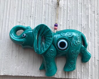 Wall Hanging Decor, Ceramic Elephant Figurine  Decor with evil eyes bead, Gift For Kids.