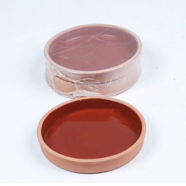 Round Clay Baking Dish Set of 2, Earthenware Rustic Plate,  Roasting Tray, 6.6” Terra cotta plate.