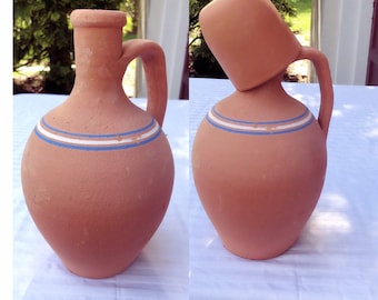 Earthenware Red Clay Pitcher With a Cup,  Pottery Terra cotta Jug, Unglazed Clay Crock Pitcher, Old Style Vase Farmhouse Decor, Mothers Gift