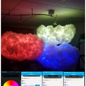 May include: Three white cloud-shaped lights with built-in LED lights. The lights are shown in red, white, and blue. The image also shows a phone screen with a color wheel and a slider for brightness and color temperature.