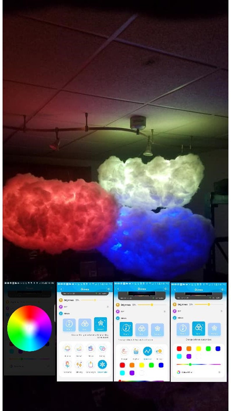 May include: Three white cloud-shaped lights with built-in LED lights. The lights are shown in red, white, and blue. The image also shows a phone screen with a color wheel and a slider for brightness and color temperature.