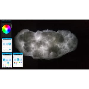 May include: A white cloud-shaped night light with a soft glow, controlled by a smartphone app. The app interface shows various color options and settings.