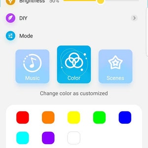 May include: A screenshot of a Govee smart light app showing a brightness slider set to 50%, a color wheel, and a selection of color options. The app also shows options for music, color, and scenes.
