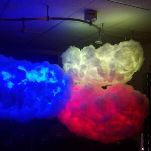 May include: Three white cloud-shaped lamps with different colored lights. The left cloud is lit blue, the middle cloud is lit yellow, and the right cloud is lit red.