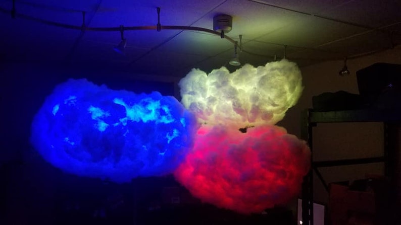 May include: Three white cloud-shaped lamps with different colored lights. The left cloud is lit blue, the middle cloud is lit yellow, and the right cloud is lit red.