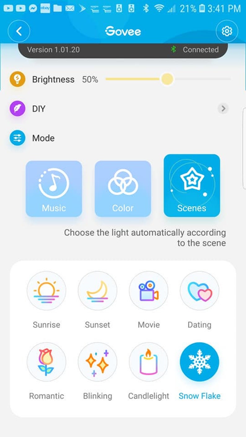 May include: A screenshot of a mobile app interface for controlling smart lights. The app has a slider to adjust brightness, a button to select a DIY mode, and a button to select a mode. The app also has a selection of scenes, including music, color, and scenes. The scenes include sunrise, sunset, movie, dating, romantic, blinking, candlelight, and snow flake.